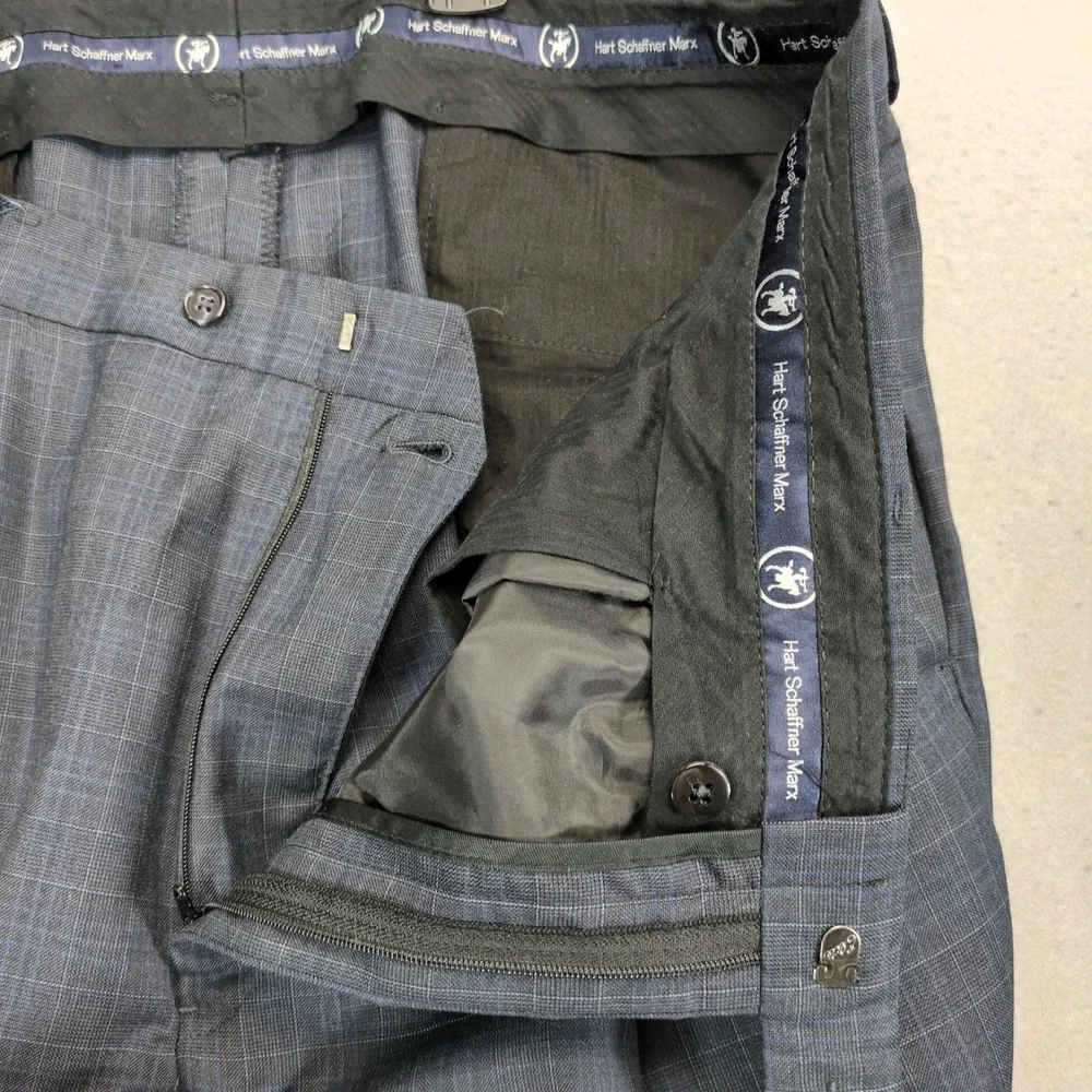 Vintage Hart Schaffner Marx Navy Windowpane 2pc Suit Mens 44R Jacket 39x28 Pants